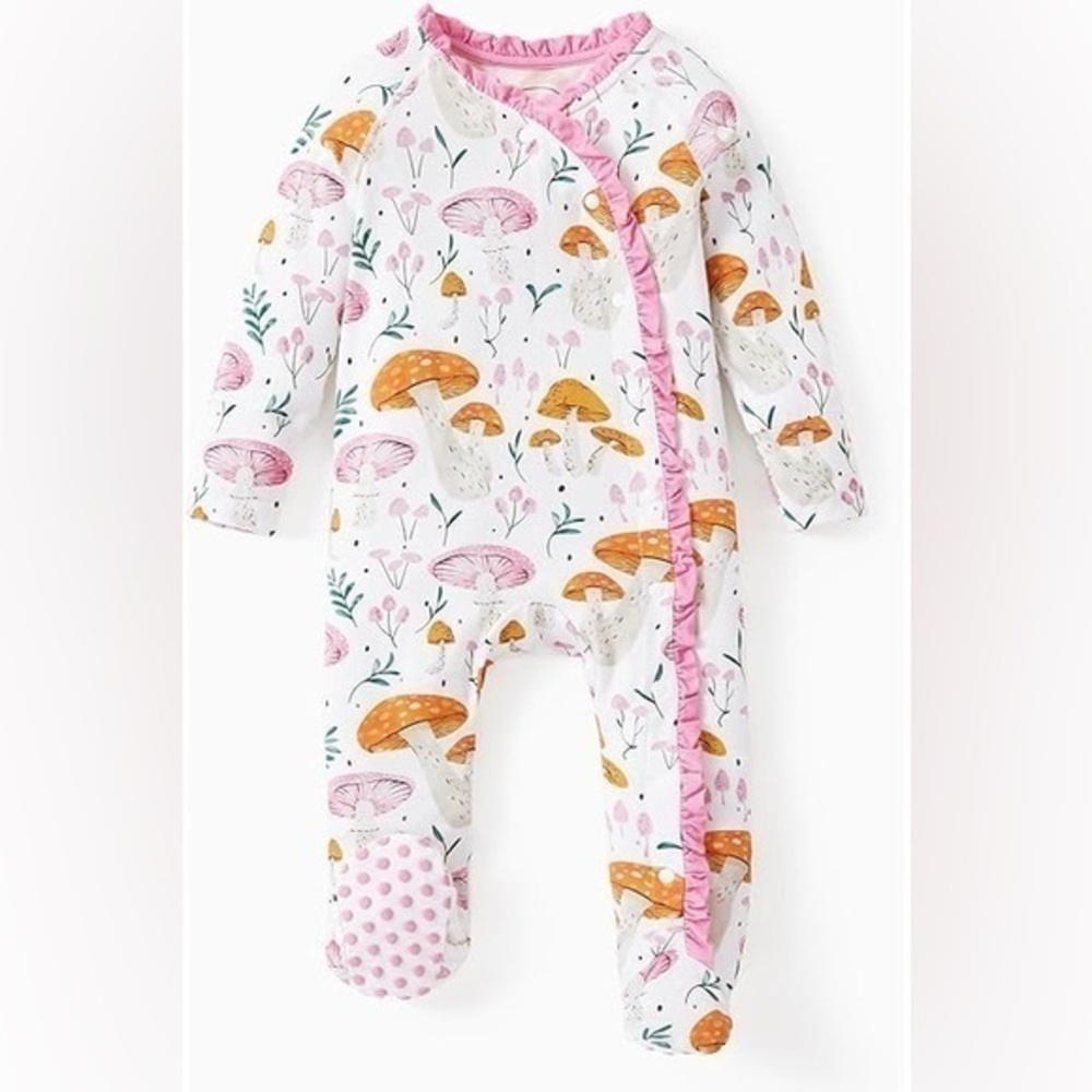 NEW DreamCozy Pink Ruffle Retro Mushroom print Ling Sleeve One Piece Footie 6-12